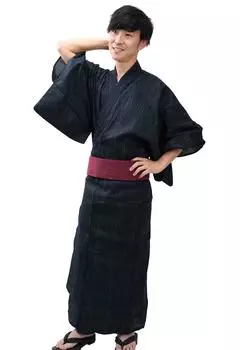 Yukata Shijira Weave Набор из 2 предметов Черный Kasuri 703 Obi Wine 753 л [Edoten] Мужские