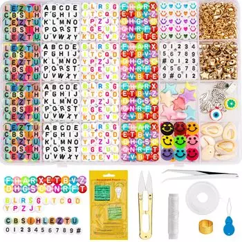 YUNAI Alphabet Beads Round Colorful Smile Heart Shape Letter Beads Approximately 1079 Pieces with 1 Roll of Elastic Thread Accessory Parts for DIY