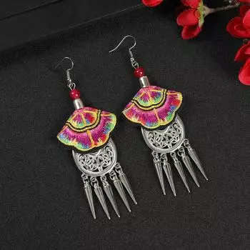 Yunnan embroidered fabric earrings long fringed personalized earrings Chinese retro Miao silver earrings women