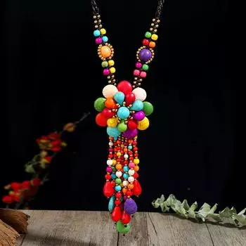 Yunnan retro turquoise flower long necklace versatile fringed sweater chain personalized vacation accessories
