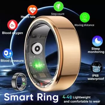 YurKem Смарт-кольцо для измерения сердечного ритма, кислорода в крови, артериального давления для мужчин и женщин, фитнес-трекер, спортивный IP68, водонепроницаемое Bluetooth-кольцо 18.1 mm(Size 8) чёрный