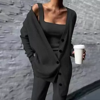 Yushangxi, 1 комплект, однотонный жилет, пальто, брюки, цветной вязаный однобортный кардиган из трех частей, свитер, брюки, жилет для повседневной носки 2XL чёрный