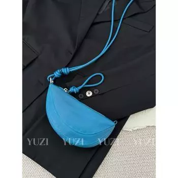 Yuzi Niche Style Mini Hobos Stylish Genuine Leather Neck-Hanging Bag Female 2025 New Key Lipstick Pack Iris Blue (Goatskin)