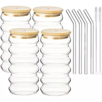 YWDL 4PCS 16oz/500ml Wave Shape Beverage Glasses With Straws Vintage Glass Cups Ripple Drinking Glasses for Juice Beer Wine