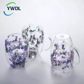 YWDL Двойные стенки стеклянные кофейные кружки Двойная изоляционная стеклянная чашка для девочки Подарочный рождественский подарок 350 мл Цветочный дизайн 350ml фиолетовый