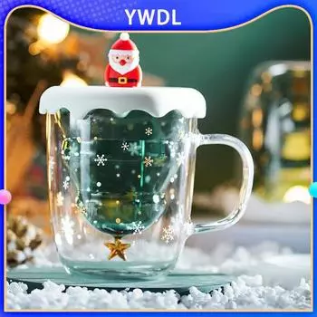 YWDL креативная стеклянная чашка с крышкой в виде рождественской елки, кофейная кружка с двойными стенками, прозрачная кофейная молочная кружка, рождественские подарки, чашки для девочки 301-400ml