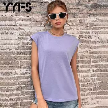 YYFS 5 цветов сплошной цвет женские летние модные повседневные футболки без рукавов с круглым вырезом