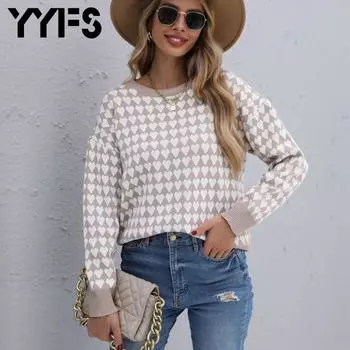YYFS Белый Любовь Сердце Женщины Осень Зима Повседневная Мода С Длинными Рукавами О-Образным Вырезом Свитера