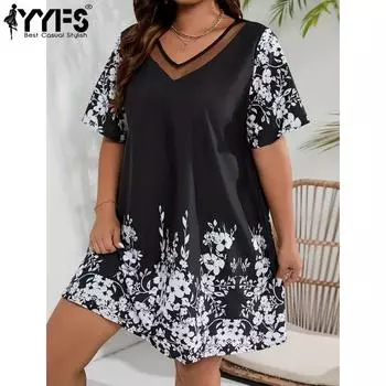 YYFS Большие размеры женские модные летние весенние цветочные узоры с принтом с коротким рукавом и v-образным вырезом свободные повседневные платья с талией XL белый