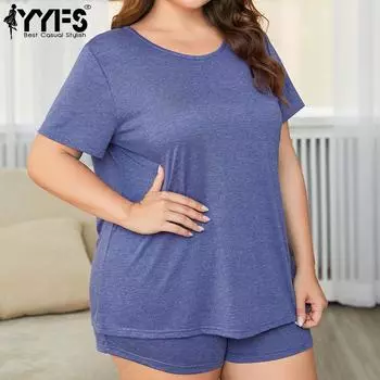 YYFS Большие размеры женские модные летние весенние повседневные однотонные принты с короткими рукавами и круглым вырезом свободные блузки и рубашки шорты костюмы XL синий