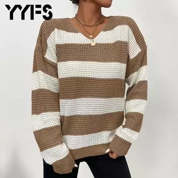 YYFS хаки белые полоски женский осенне-зимний модный повседневный свитер с длинными рукавами и круглым вырезом S хаки
