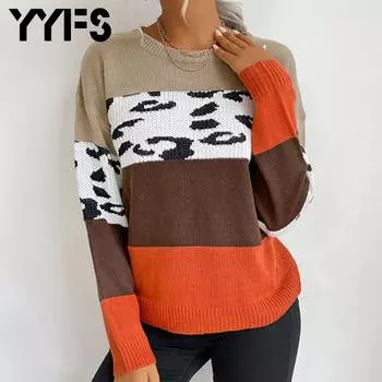 YYFS леопардовый коричневый женский осенне-зимний модный повседневный свитер с длинными рукавами и круглым вырезом S темно-коричневого