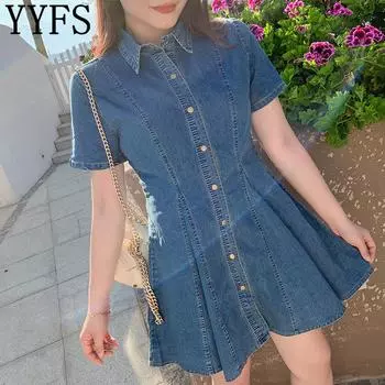 YYFS Plus женские модные летние весенние джинсовые повседневные платья с короткими рукавами и воротником-поло с высокой талией