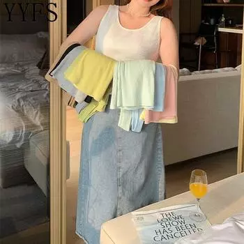 YYFS Плюс женские модные повседневные летние весенние однотонные футболки и топы без рукавов с круглым вырезом и принтом XL белый