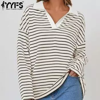 YYFS Женская мода повседневная осень-зима полосатый принт длинный рукав V-образный вырез пуловеры и длинные рукава S белый