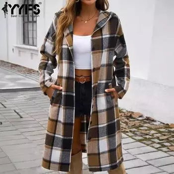 YYFS Women s Fashion Casual Fall Winter Plaid Print Long Sleeve Coats S