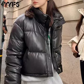 YYFS Женская мода повседневная осень-зима однотонная с принтом длинный рукав воротник стойка утепленные куртки и пальто пуховики S чёрный