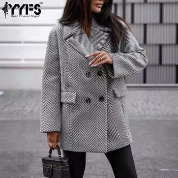 YYFS Женская мода повседневная осень-зима полосатый принт длинный рукав воротник поло пальто женские S