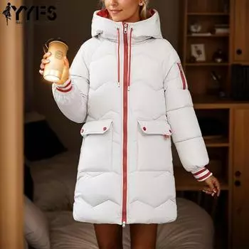 YYFS Женская мода Повседневная Осень Зима Однотонный Принт Длинный Рукав Утолщенные Средние Куртки и Пальто Пуховики S чёрный