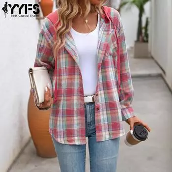 YYFS Women s Fashion Casual Fall Winter Plaid Print Long Sleeve Blouses & Shirts S чёрный