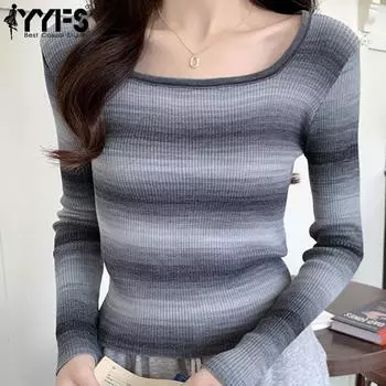 YYFS Women s Fashion Casual Fall Winter Colour Block Print Long Sleeve Square Collar Sweaters Size: One Size темно-серого