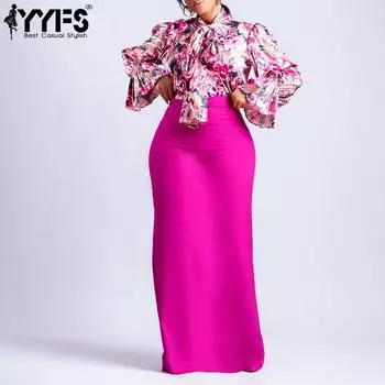 YYFS Women s Fashion Casual Flower Pattern Print Autumn Winter Long Sleeve Skirt Suits S розовый