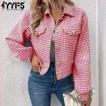YYFS Женская мода повседневная принт «гусиная лапка» осень-зима с длинным рукавом воротник поло куртки и пальто S коричневый