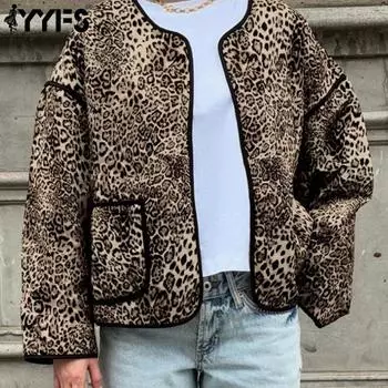 YYFS Women s Fashion Casual Leopard Print Autumn Winter Long Sleeve O-Neck Jackets & Coats S