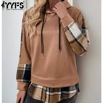 YYFS Женская мода Повседневный клетчатый принт Длинные рукава с капюшоном Толстовки и свитшоты S
