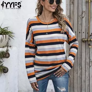 YYFS Women s Fashion Casual Spring Autumn Colour Block Print Long Sleeve O-Neck Blouses & Shirts S