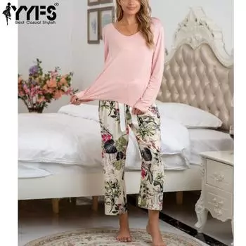 YYFS Women s Fashion Casual Spring Autumn Flower Pattern Print Long Sleeve V-Neck Trousers Pants Suits S розовый