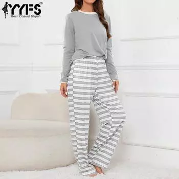 YYFS Women s Fashion Casual Spring Autumn Stripe Print Long Sleeve O-Neck Trousers Pants Suits S серый