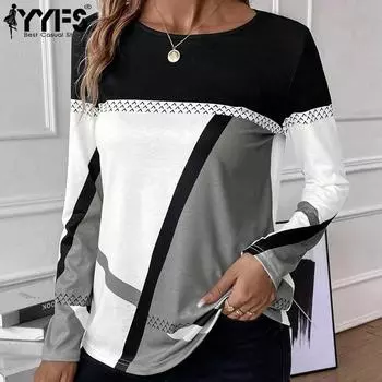 YYFS Women s Fashion Casual Spring Fall Colour Block Print Long Sleeve O-Neck Blouses & Shirts