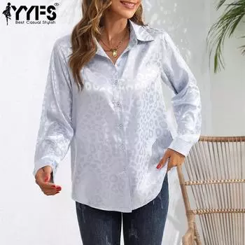 YYFS Женская мода Повседневная весна-осень Леопардовый принт Длинные рукава POLO-Neck Блузки и рубашки S белый