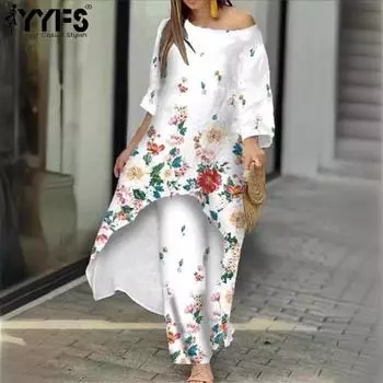 YYFS Women s Fashion Casual Spring Fall Flower Pattern Print 3/4 Sleeves Oblique Collar Blouses & Shirts Trousers Pants Suits S