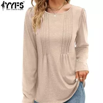 YYFS Women s Fashion Casual Spring Fall Solid Color Print Short Long Sleeve O-Neck Blouses & Shirts S