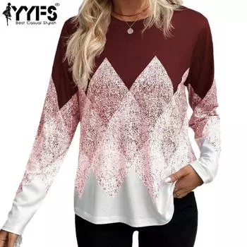 YYFS Women s Fashion Casual Spring Fall Rhombus Print Long Sleeve O-Neck Blouses & Shirts S чёрный