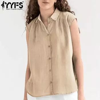 YYFS Женская мода Повседневная Летняя Весна Однотонный Принт Без Рукавов Воротник ПОЛО Блузки и Рубашки S хаки