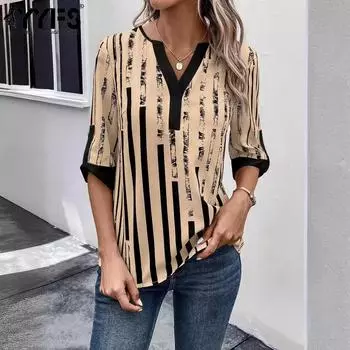 YYFS Women s Fashion Casual Summer Spring Stripe Print 1/2 Sleeves V-Neck Blouses & Shirts