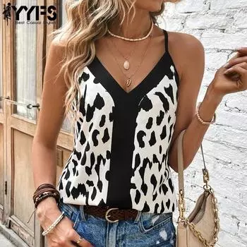 YYFS Women s Fashion Casual Summer Spring Leopard Print Sleeveless V-Neck Blouses & Shirts