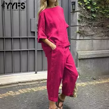 YYFS Женская мода Повседневная Летняя Весна Однотонный Принт С Рукавом 1/2 O-образным Вырезом Рубашки и Брюки Костюмы с Высокой Талией Брюки S розы красного