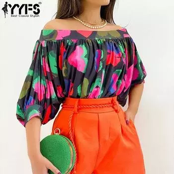 YYFS Женская мода Повседневная Летняя Весна Цветные Блоки Принт Короткие Рукава Одно Плечо Блузки и Рубашки S чёрный