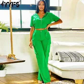 YYFS Женская мода повседневная летняя весенняя однотонная принтованная блузка с коротким рукавом и капюшоном и рубашками брюки и костюмы S зелёный
