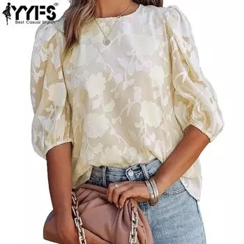 YYFS Women s Fashion Casual Summer Spring Flower Pattern Print 1/2 Sleeves O-Neck Blouses & Shirts S белый
