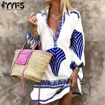 YYFS Women s Fashion Casual Summer Spring Feather Print Long Sleeve POLO Neck Blouses & Shirts S синий