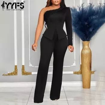 YYFS Women s Fashion Casual Summer Spring Solid Color Print Long Sleeve Oblique Collar Blouses & Shirts Trousers Pants Suits S чёрный