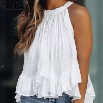 YYFS Women s Fashion Casual Summer Spring Solid Color Print Sleeveless Hanging Neck Blouses & Shirts S белый