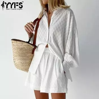 YYFS Женская мода повседневная летняя весенняя однотонная принтовая рубашка с длинным рукавом и воротником-поло, пуловеры, шорты, костюмы S чёрный