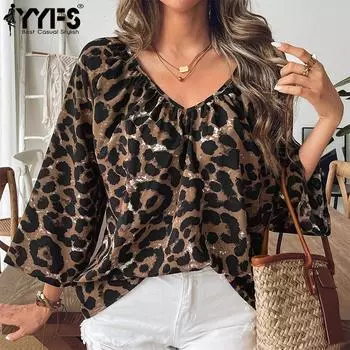 YYFS Женская мода Повседневная Лето Весна Леопардовый принт Рукава 3/4 V-образный вырез Блузки и рубашки S цветной печати леопарда