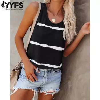 YYFS Women s Fashion Casual Summer Spring Stripe Print Sleeveless U-Neck Blouses & Shirts S чёрный